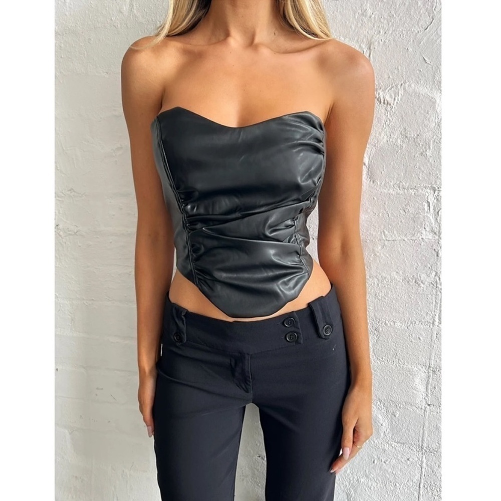 NEW! Tigermist- Cici Black Leather Strapless PU Cropped Corset Top NWT